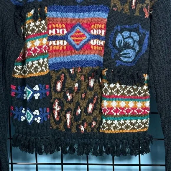 Vintage‎ Knit Fringe Grandma Sweater Womens M Multicolor Cottagecore Patchwork - Picture 3 of 9